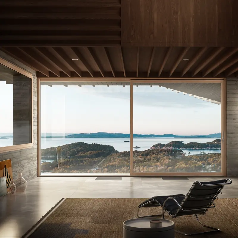 Grande finestra scorrevole in legno con vista sul mare