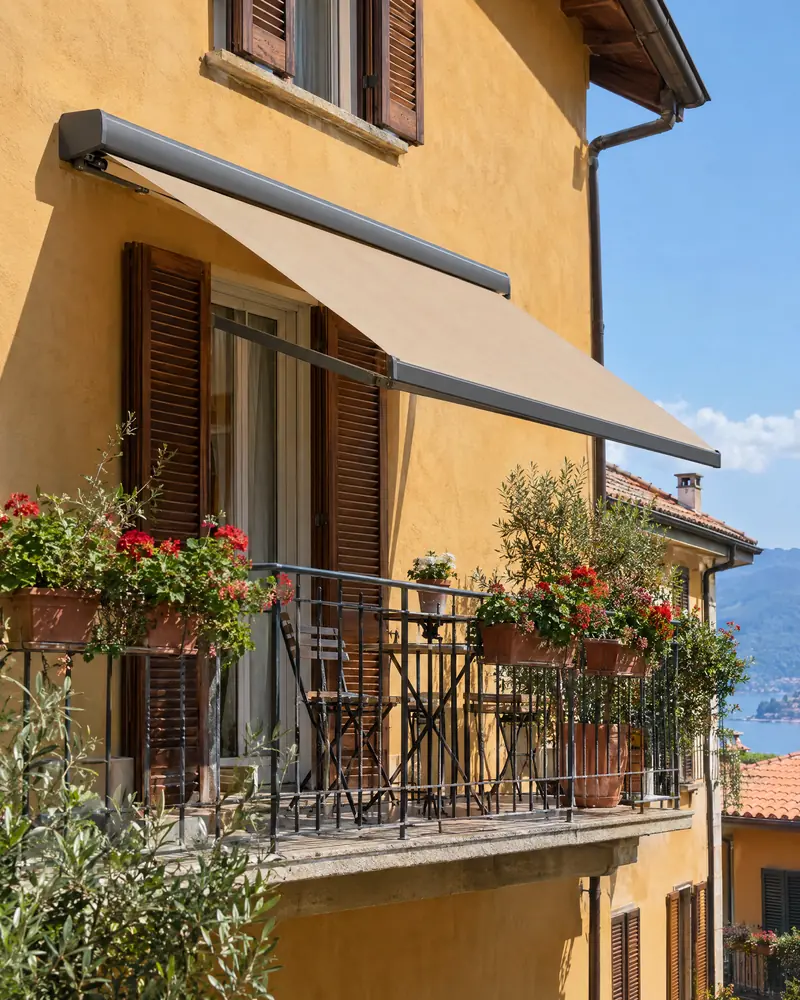 Tenda da sole compatta su un balcone fiorito
